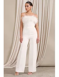 First Class | White Bandeau Feather Wide Leg jumpsuit - 1