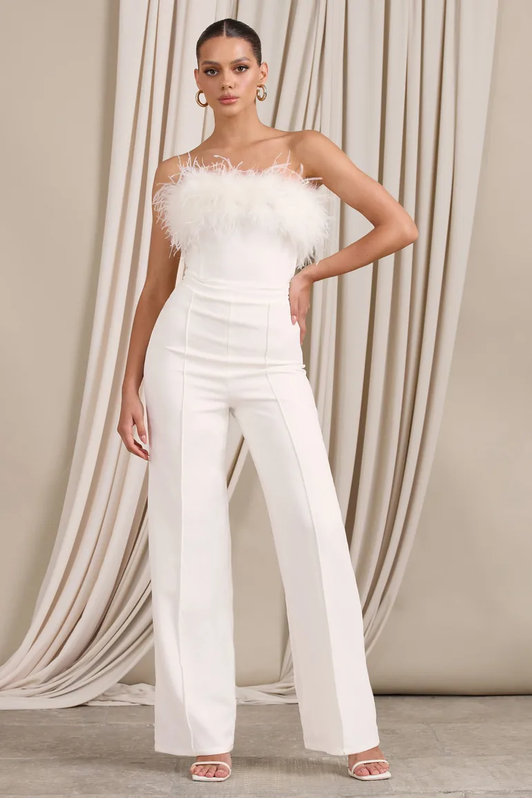 First Class | White Bandeau Feather Wide Leg jumpsuit