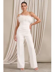 First Class | White Bandeau Feather Wide Leg jumpsuit