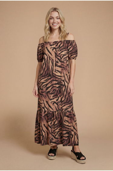 Animal Cold Shoulder Bardot Puff Sleeve Tiered Maxi Dress