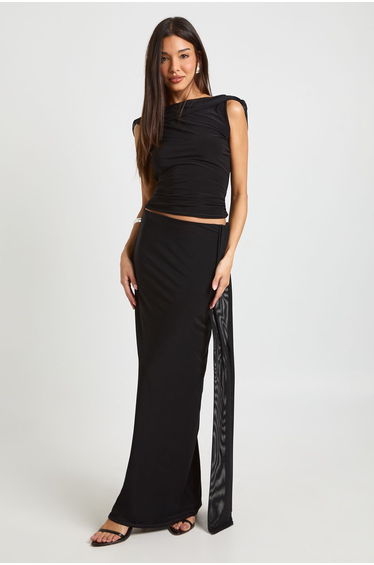 Slinky Cropped Mesh Overlay Backless Top - black