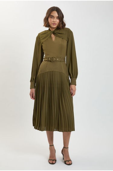 Petite Ponte And Georgette Mix Balloon Sleeve Cut Out Detail Pleated Maxi Dress