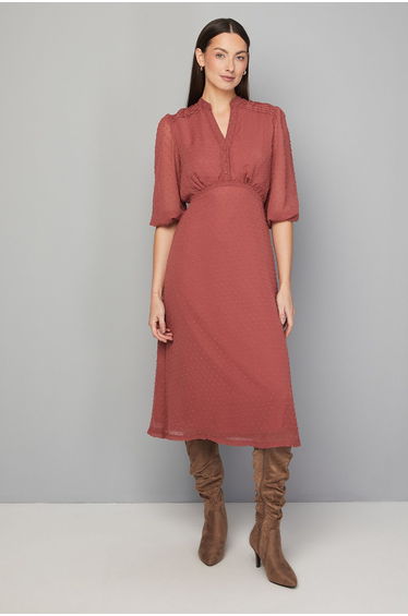 Dobby Pleat Detail Button Midi Dress