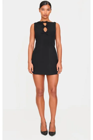 Black Woven High Neck Bow Mini Dress