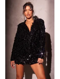 Black Extreme Plunge Sequin Blazer Dress