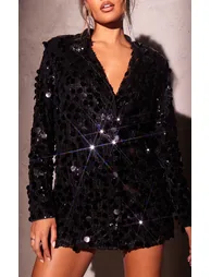 Black Extreme Plunge Sequin Blazer Dress - 3