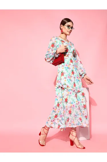 Floral Print Maxi Dress with Cut-Out Waist