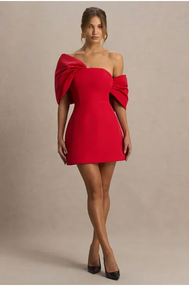 Tindra | Red Bandeau-Neck Mini Dress With Bow Sleeves
