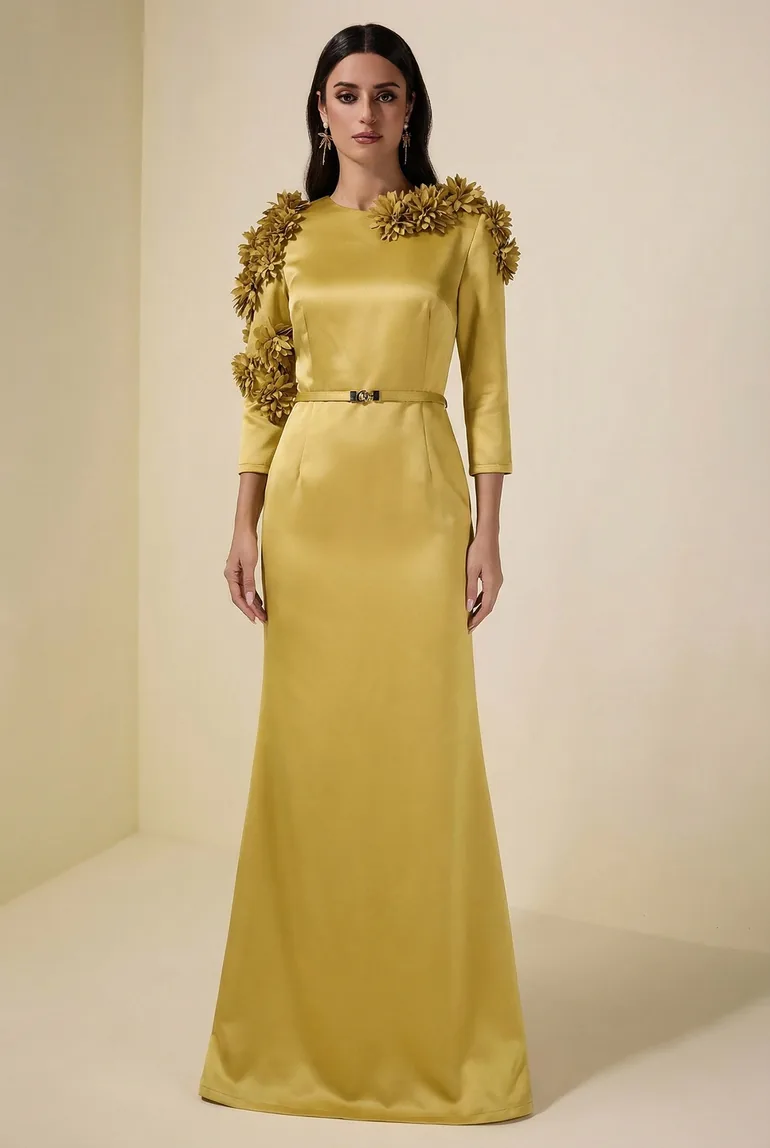 3D Flower Satin Maxi Dress With Belt JardinVue Yellow : Evening Dresses : VogaCloset Qatar 3D Flower Satin Maxi Dress With Belt JardinVue Yellow : Evening Dresses : VogaCloset Qatar