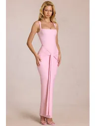 Square-Neck Tie-Gather Maxi Dress in Blossom Pink - 5
