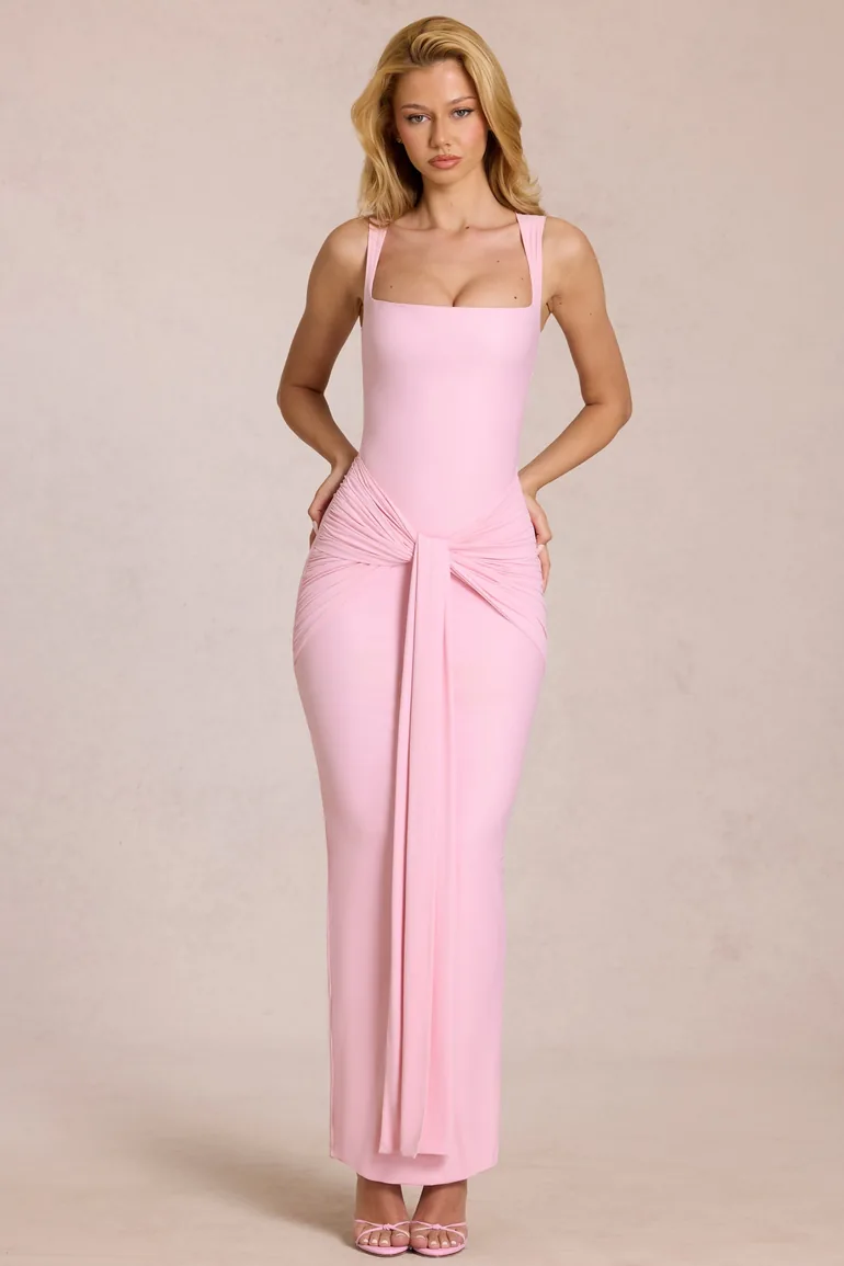 Square-Neck Tie-Gather Maxi Dress in Blossom Pink - 7