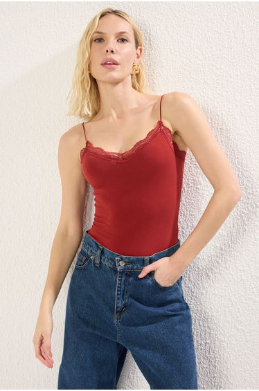 Claret Red Lace Detailed Fitted/Fits the Body with Snaps at the Bottom Flexible Knitted Bodysuit
