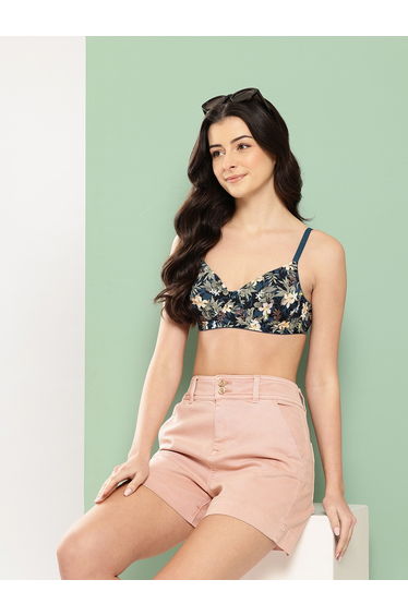 Teal Printed Lightly Padded Non Wired T-Shirt Bra