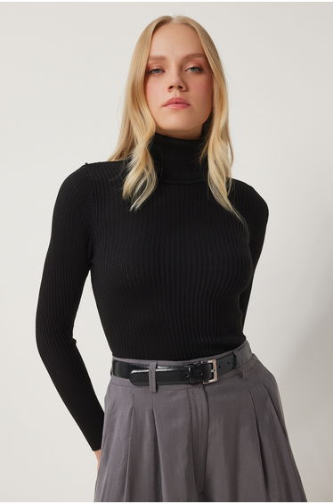 Women's Black Turtleneck Corduroy Lycra Sweater