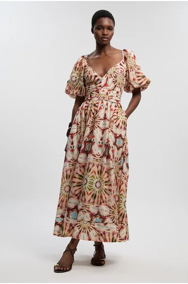 Tile Print Silk Cotton Volume Sleeve Woven Maxi Dress