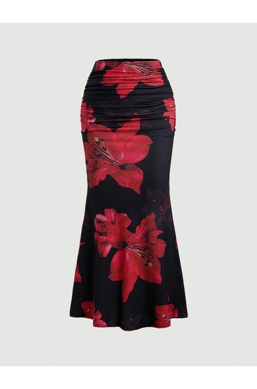 Black Floral Bodycon Maxi Skirt