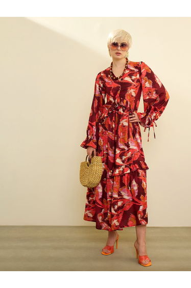 Maroon Printed Front Ruffle Maxi Dress