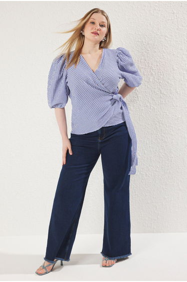 Multicolored Double Breasted Plaid/Checked Seersucker Woven Plus Size Blouse