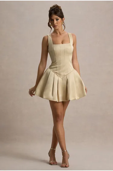 فستان قصير ساتان بياقة مربعة منفوخ - كريمي