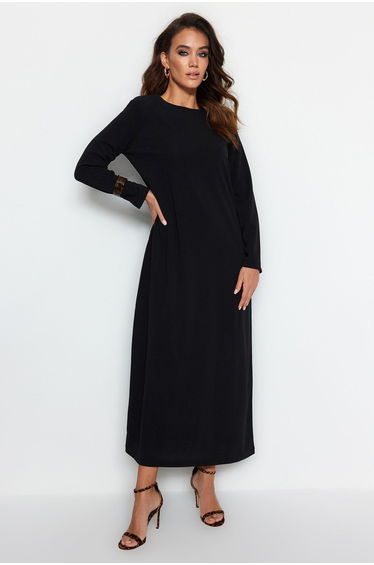 Black Column Midaxi Dress with Long Sleeves