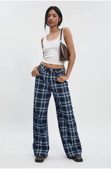 High Waist Checked Denim Wide Leg Jean - indigo