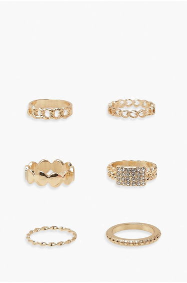 Gold Assorted Diamante 5 Pack Ring Set - gold