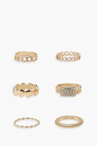 Gold Assorted Diamante 5 Pack Ring Set - gold