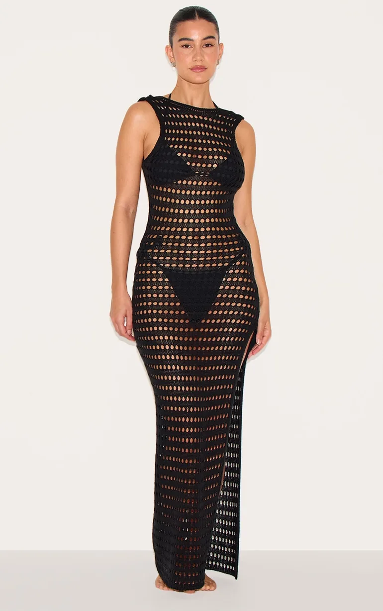 Black Backless Crochet Maxi Beach Dress Prettylittlething : Coverups :  VogaCloset Bahrain