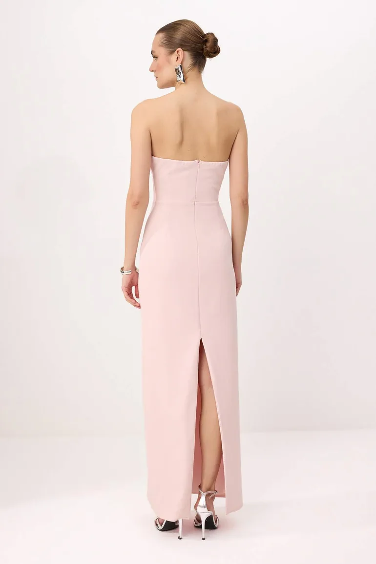 Powder Plain Strapless Woven Finike Maxi Evening & Graduation Dress - 3