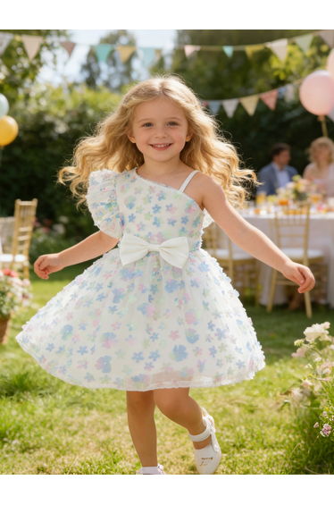 Girls White Embellished Floral Dress