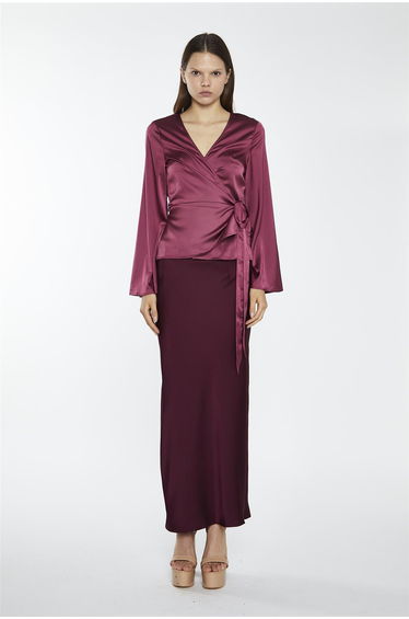 Dark-Raspberry Satin Fluted-Sleeve Wrap-Top