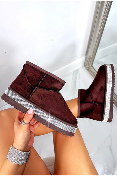 Lemonade Crystal Diamond Edge Cosy Snug Mini Boots Brown