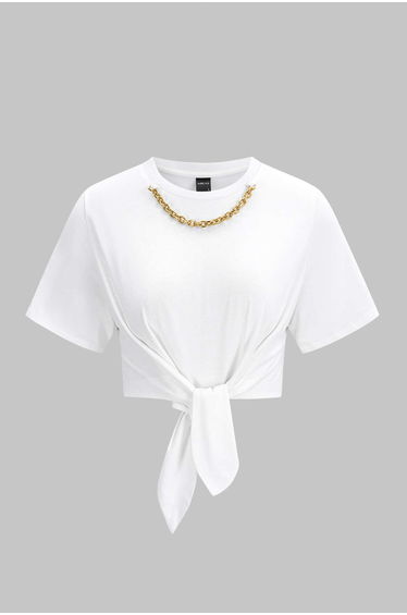 Metallic Chain Round Neck Tie-Up Short Sleeve T-Shirt