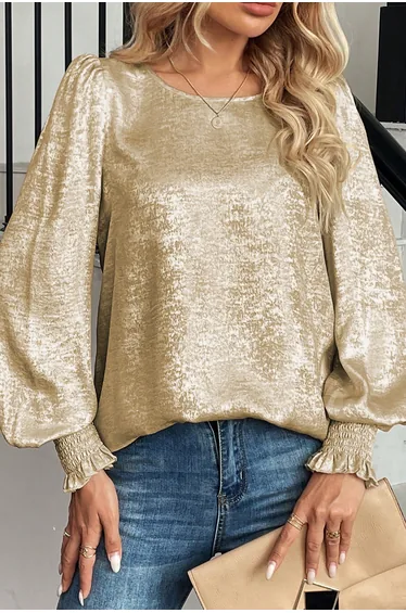 Lvness Apricot Metallic Round Neck Smocked Long Sleeve Blouse