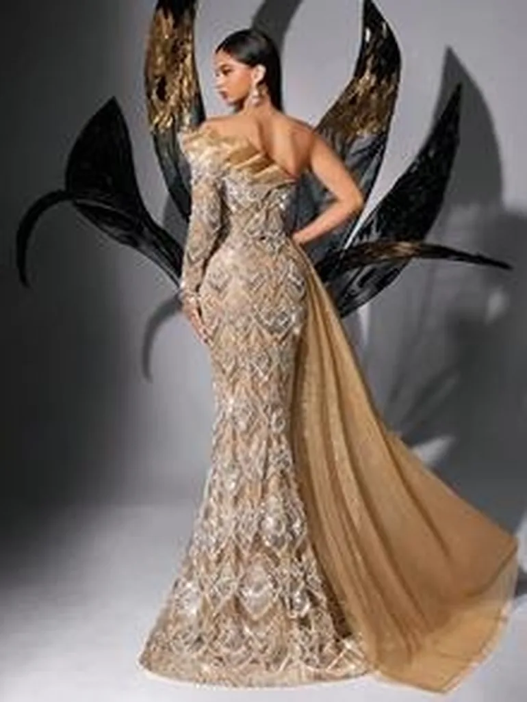 Chic Design Sequins Beading One Shoulder Mermaid Hem Gown Dresses - 2