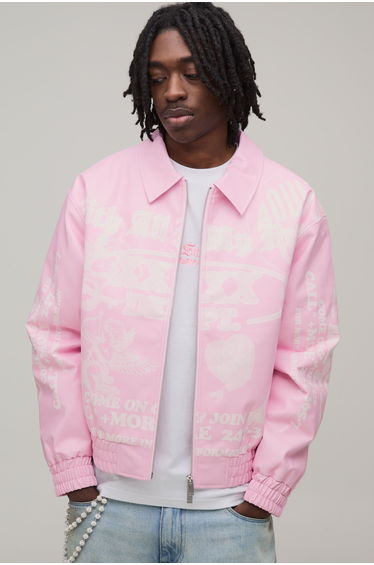 Boxy Fit PU Printed Graphic Varsity Jacket - pink