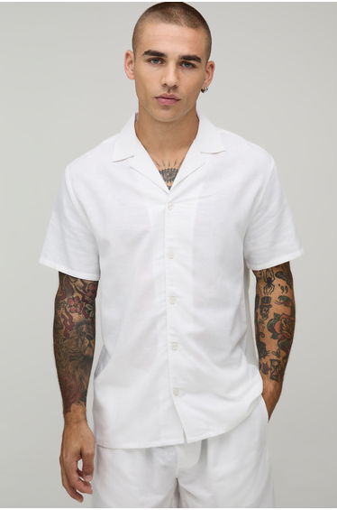 Regular Fit Short Sleeve Linen Blend Shirt - white