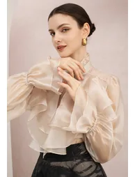 Tiered Ruffle Bubble Sleeve Organza Top in Champagne for Elegant Lunches & Romantic Dates - 1
