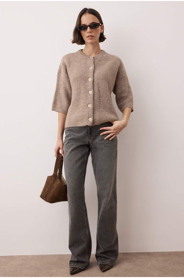 Wardrobe essentials mink soft textured wide fit short sleeve basic knit cardigan
