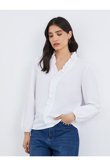 Solid V Neck Ruffle Detail Top