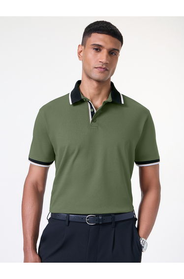 Olive Contrast Tipping Cotton Pique Polo
