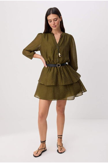 Khaki Belt Li Ruffled Ruffle Short / Mini Woven Dress