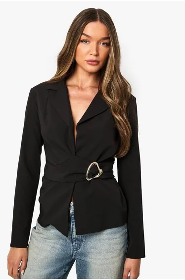 Hardware Trim Ruched Front Blazer - black
