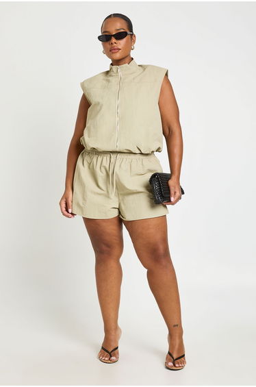 Plus Funnel Zip Up Nylon Top - olive