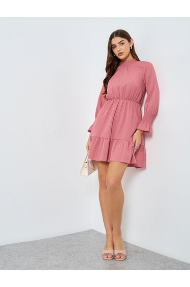 Solid Textured Smocking Cuff Fitted Waist Mini Dress
