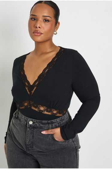 Plus Cotton Lace Trim Long Sleeve Bodysuit - black
