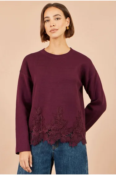 Yumi Burgundy Viscose Relaxed Jumper With Lace Trim