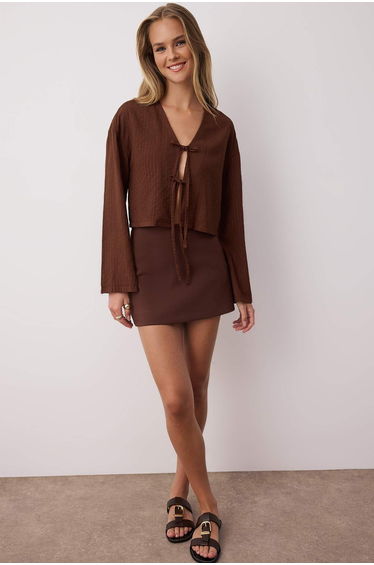 Brown Tie Detail Striped Shirt