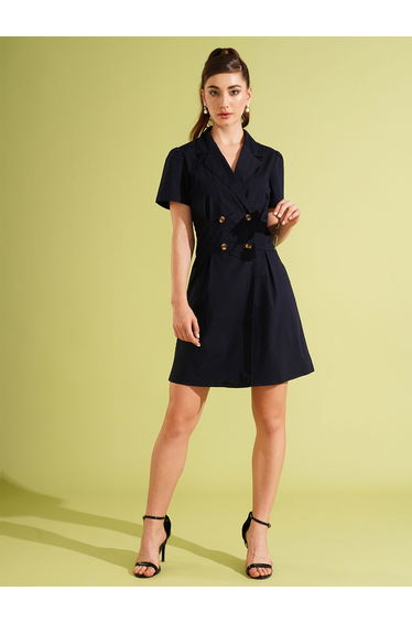 Navy Blue Notched Lapel Double Breasted Mini Dress