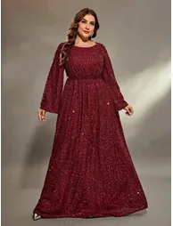 Leely Plus Women's Elegant Scoop Neck Flare Sleeve Sequins A-Line Dress - 5